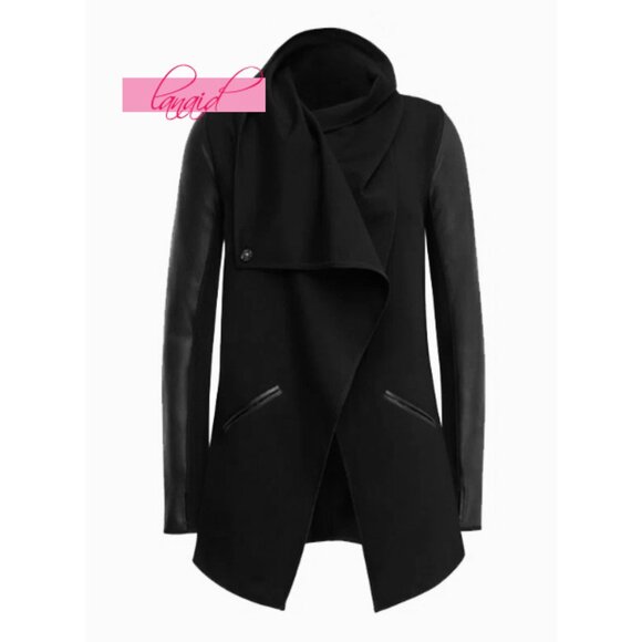 Spanx Faux Leather Drape Front Jacket Very Black Edgy Motorcycle Leather Coat S - Picture 11 of 16